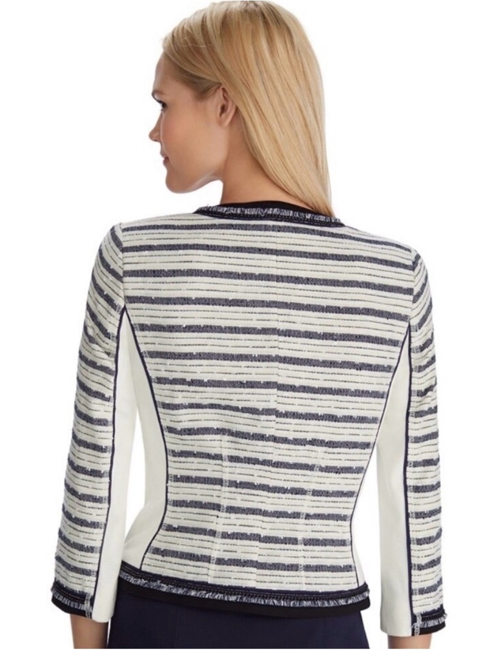White House Black Market Navy and White Striped Tweed Open-Front Jacket - Picture 2 of 8